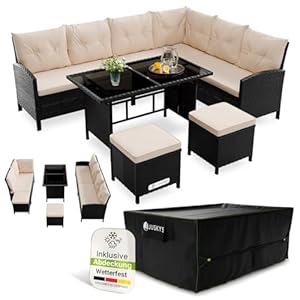 Juskys® Polyrattan Lounge Manacor mit Ecksofa, Esstisch, 2 Hocker & Kissen inkl. Abdeckung - wetterfest bis 7 Personen - Bezüge waschbar - Rattan Garten Sitzgruppe Gartenmöbel Set - Schwarz/Creme