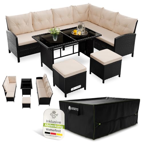 Juskys® Polyrattan Lounge Manacor mit Ecksofa, Esstisch, 2 Hocker & Kissen inkl. Abdeckung - wetterfest bis 7 Personen - Bezüge waschbar - Rattan Garten Sitzgruppe Gartenmöbel Set - Schwarz/Creme