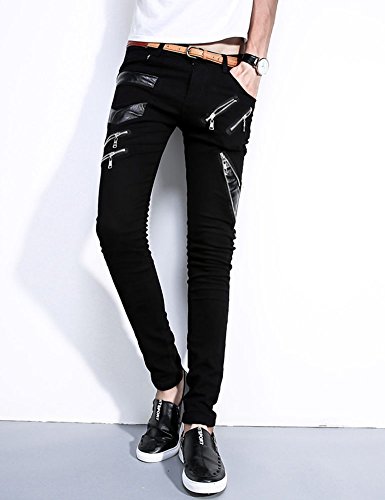 Rock Punk Men's Patch PU Leather Hip Hop Skinny Biker Pants3