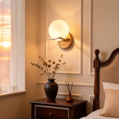 DHGIE Applique Murale En Bois Sphérique Lampe Murale Moderne Minimaliste En Verre Dépoli Luminaire Mural À Douille E27 Applique De Toilette Pour Chambre...
