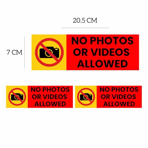 Image of No Photos Or Videos Allowed Sign Sticker (20.5 x 7 CM) - Pack of 2 | Peel & Stick Sign Board with 4 Corner Holes | Wall, Office, Shop, School, CCTV Area Notice (No Photos Or Videos Allowed, Small - 20.5 X 7 CM)
