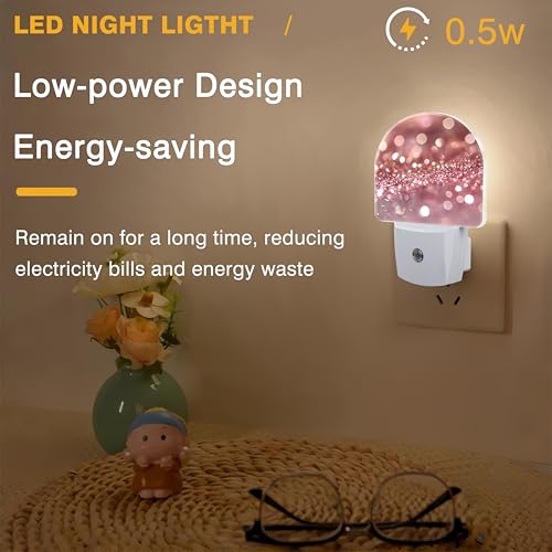 Image of Night Lights Plug into Wall Rose Pink Glitter Night Light Dusk to Dawn Smart Sensor Decorative Round Led Lamp for Bedroom Kitchen Hallway Nightlight for Women Men
