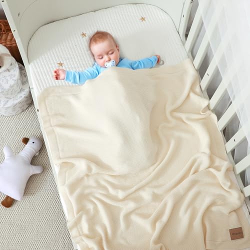Image of Baby Blanket 30 x 40 Inch Soft Knit for Boys & Girls Cotton Nursery Swaddling Blankets Toddler Knitted Crochet Receiving Crib