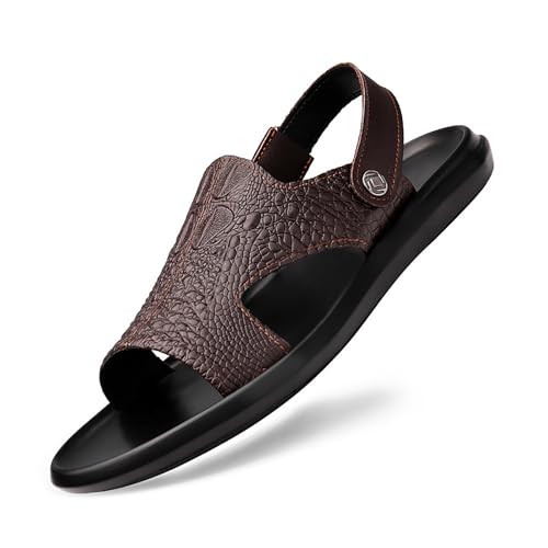 Men'S Genuine Leather Alligator Printed Slip On Beach Sandals Dual-Purpose Adjustable Fashion Round Open Toe Flat Sandals Summer Casual Dressy Sandals