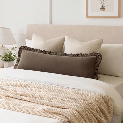 Image of Foindtower Set of 1 Decorative Linen Fringe Ruffle Throw Pillow Cover Long Lumbar Farmhouse Cushion Cover Body Boho Accent Retro Pillowcase for Couch Bed Living Room Home Decor,14x36 Inch,Dark Brown