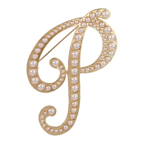 A-Z Initial 26 Letter Brooch Pins, Gold Faux Pearl Alphabet Badges Breastpin for Hat Bag Dress Coat Suit Accessory, Elegant Name Personalized Gifts for Women Men（P）