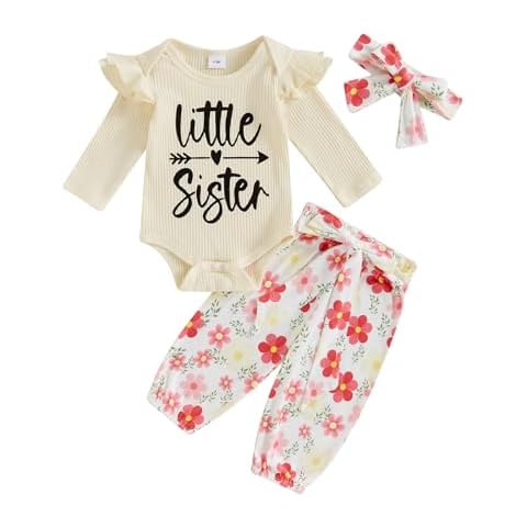 Newborn Infant Baby Girl Clothes Long Sleeve Romper Bodysuit Floral Bell Bottoms Pants Fall Winter Outfit Clothing (A-beige, 6-12 Months) Cover