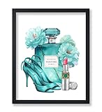 Poster Master Turquoise Blue Designer Print - Fashion Poster - Shoes, Lipstick & Perfume Art - Chic Gift for Women & Fashionista - Glam Decor for Bedroom or Girl's Room - 8x10 UNFRAMED Wall Art