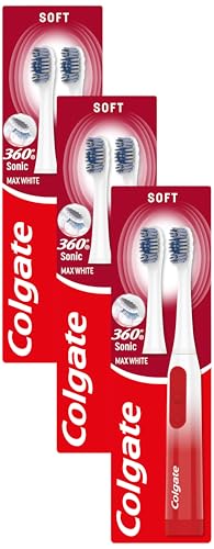 Colgate 360 Sonic Max White Battery Powered Toothbrush Cleans in 4 Ways and Polishes Teeth Surface for a Healthy, Whole Mouth Clean with a Replaceable Head and a Battery (Pack of 3)