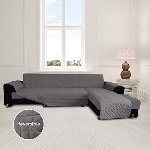 Image of Easy-Going L Shape Sofa Slipcover - Sectional Couch Cover With Chaise Lounge - Reversible Furniture Protector for Pets, Kids, Children, Dogs, Cats (Large, Gray /Gray)