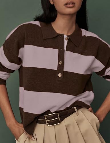 Omoone Cute Striped Polo Sweater Women Fall Lapel V Neck Colorblock Knit Tops Winter Long Sleeve Pullover Jumper2