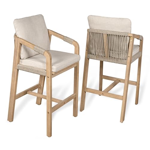 JONATHAN Y BSL1200A-SET2 Porto Modern Coastal Tub Roped Acacia Wood Outdoor Bar Stool with Cushions and Armrests Modern, Coastal, Contemporary, Rustic, Garden Room, Patio, Beige/Light Teak (Set of 2)
