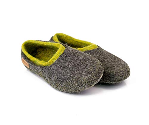 Gray Felted Wool Slippers For Men with Green Inner Layer Made by Hand