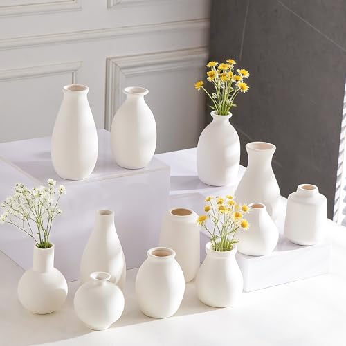 Tenforie White Bud Vases Set of 12 Small Ceramic Vase in Bulk Mini Pottery Vases for Pampas Grass Clay Vase for Wedding Table Centerpieces Decoration Modern Boho Rustic Home Decor DIY Gift
