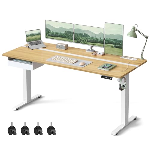 VASAGLE Höhenverstellbarer Schreibtisch elektrisch, 160 x 70 cm Tischoberfläche, Memory-Funktion mit 4 Höhen, mit Steckdosen und Stoffschublade, goldeichenfarben-wolkenweiß LSD116N01