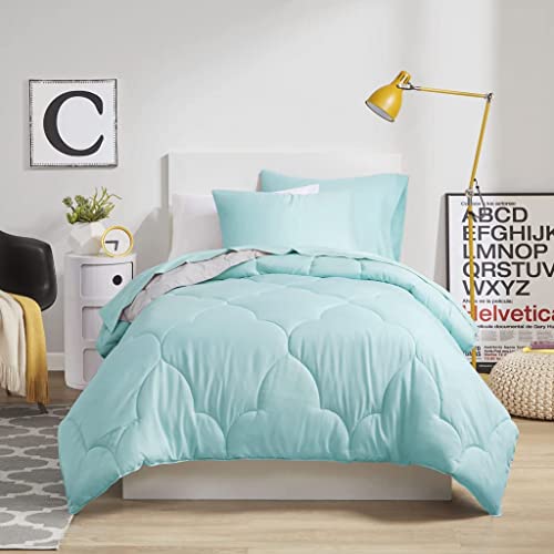 Image of Comfort Spaces Vince Reversible Bed In A Bag - Trendy Casual Geometric Quilted Cover, All Season Down Alternative Cozy Bedding, Matching Sham, Twin XL, Reversible Aqua /Gray 6 piece
