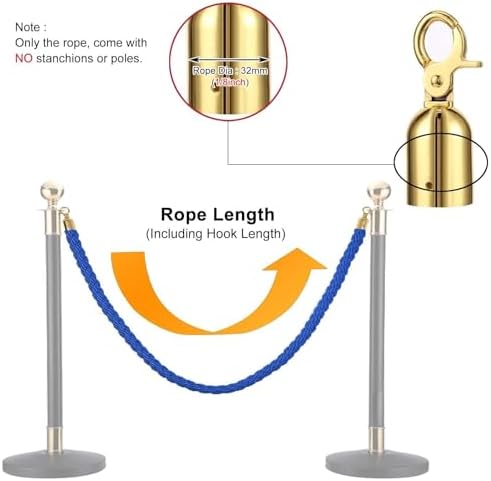 Gold Hook Blue Stanchion Hemp Rope - 1.5m Crowd Control Queue Divider Barrier for Events, Churches, Theaters, Parties - Durable Stainless Steel Design