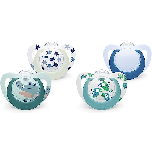 NUK Star Baby Dummy | 6-18 meses | Chupetes de día y noche | Silicona sin BPA | Cocodrilo verde | 2 unidades & Star Baby Dummy | 6-18 meses | Chupetes de silicona sin BPA | Pájaros azules | 2 unidades