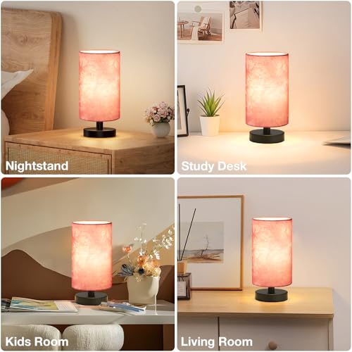 Image of Fenmzee Small Table Lamp for Bedroom - Inline Control, Bedside Lamp with 3000K A15 LED Blub, Easy Assembly (Pink Shade - Black Base, 9 inch Inline Control)