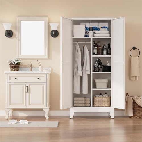 Metal armoire Wardrobe Closet with Hanging Rod,71'' Metal Wardrobe Cabinet with 2 Doors and 4 Adjustable Shelves, Bedroom armoires,Laundry Room cabinets,armario de ropa Closet(Modern, White) - Image 6