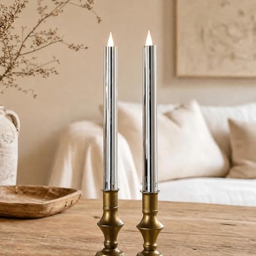 Image of Flameless Taper Candles Flickering with Remote and Timer, 3D Moving Flame Taper Candle Battery Operated to 400 Hours, 9 Inch Window Candles(High Shine Silver)