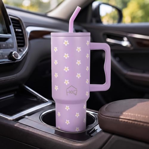 Image of House of Quirk 1200ML Stainless Steel Tumbler with Handle & Lid, 2 Straws - Large Travel Mug Water Cup for Gym, Office & Outdoor Use (Lavender Daisy)