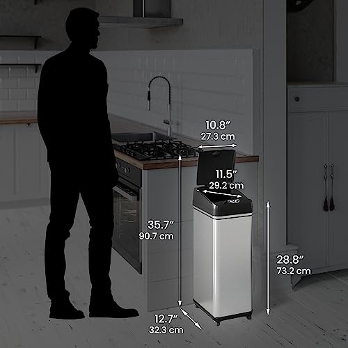 Image of iTouchless Rolling 13 Gallon Sensor Kitchen Trash Can with Lid and Wheels, Odor Filter, Stainless Steel, Automatic Kitchen Trashcan Garbage Bin for Home Office Bedroom Living Room Garage Wastebasket