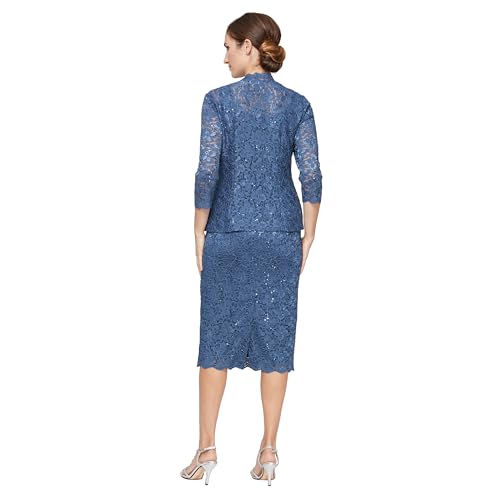 Image of S.L. Fashions Women's Tea Length Sequin Lace Mother of The Bride Dress with Illusion Sleeve Jacket