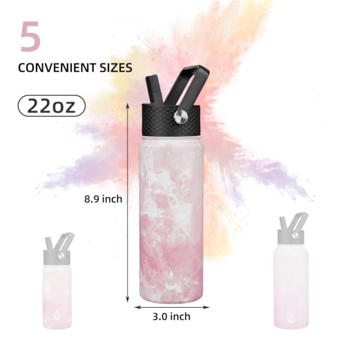 Image of BJPKPK Insulated Water Bottles with Straw Lid, 22oz Cold & Hot Thermo, Stainless Steel Metal Water Bottle with 3 Lids, Reusable Thermo, Cups, Mugs for Daily Use-Blossom