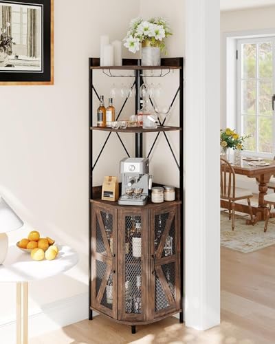 MaticScene Meuble de Bar à Vin d'angle à 5 Niveaux, Armoire de Buffet avec Porte en Verr, Buffet Industriel, Meuble de Rangement avec Éclairage LED pour Salon,...