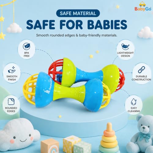 Image of BabyGo Dumbell Rattle for Baby | Non-Toxic Plastic Handheld Infant Bell Rattle | Toy for Kids 6-12 Months | New Born Baby Essential | Multicolor, Pack of 2