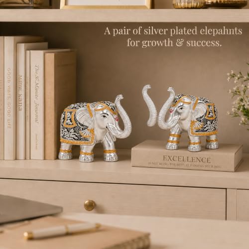 Image of DIVINITI 999 Silver Plated Elephant Pair with Luxury Gift Box | Vastu Elephant Showpiece for Home & Office Decor | Symbol of Prosperity, Wisdom, Good Luck & Success | 10.5 x 12 cm