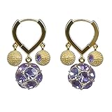 Pendientes de aro chapados en oro con dijes de bola de cristal morado y discos dorados texturizados para mujer