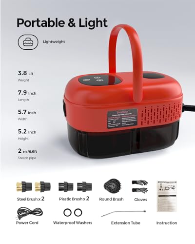 Steam Cleaner 2500W, Multipurpose Steamr for Cleaning, Handheld Steam Cleaner with Brushes, 15s Fast Heating Pressurized Steamer for Home Use, Portable Steamer for Car, Kitchen, Grout, Tile (Red)