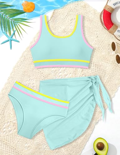 Image of Girls Swimsuit Double Strap High Waist Sporty Bikini Swimsuits Swim Cover Up Skirt 3 Piece Set