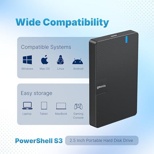 Image of Geonix PowerShell S3 500GB Portable External Hard Drive 2.5-Inch SATA USB 3.1, Up to 5Gbps with UASP Support, Tool-Free Setup, LED Indicator, Compatible with Windows /Mac /Linux (3 Yr Warranty)(Black)