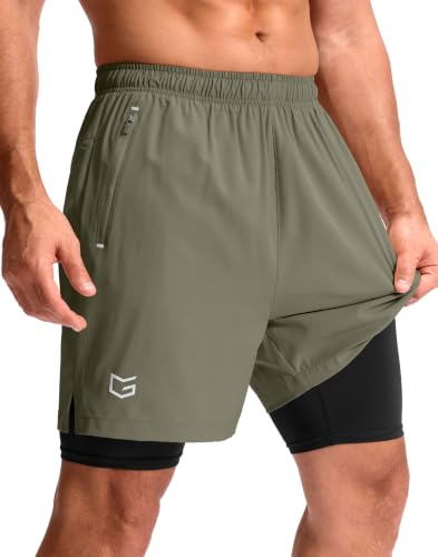 Men's Running Gym Shorts with Compression Liner 7"(Sage Green,L7_M)