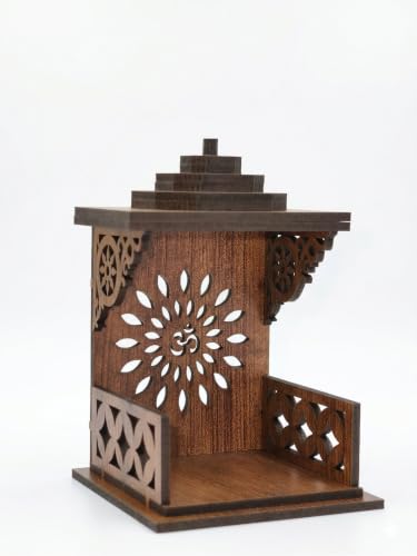 Image of Handcrafted Wooden Car Dashboard Temple, Walnut Finish, Laser-Cut Om Floral Design, MDF Mandir for Car Interior (Open Side Temple)