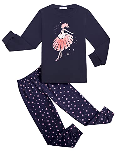 untlet Mädchen Schlafanzug Pyjama Set Kinder Schlafanzug Baumwolle Zweiteiliger Langarm Set Kinder Nachtwäsche Winter Pyjama(EIN tanzendes Mädchen Drucken), Navy Blue, 140 Cover