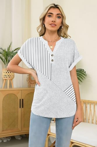 Womens Striped Henley Summer Tops V Neck Button Dressy Casual T Shirts Blouses 2025 Trendy Clothes3