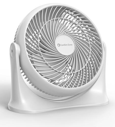 Comfort Zone 11-Inch High-Velocity Tabletop Air Circulator Fan – Quiet 3-Speed Personal Turbo Fan with 90° Adjustable Tilt & Carry Handle – Compact Desk Fan for Home, Office, or Bedroom – White