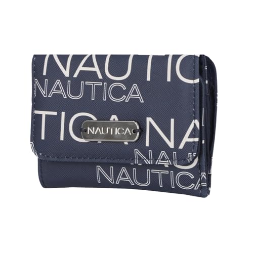 Image of Nautica Rower's End Small Wallet for Women, RFID Blocking Slim Credit Card Holder with Zipper Coin Pocket, Bifold Compact Womens Wallet with ID Window, Wave Dreamer Indigo /Chalk