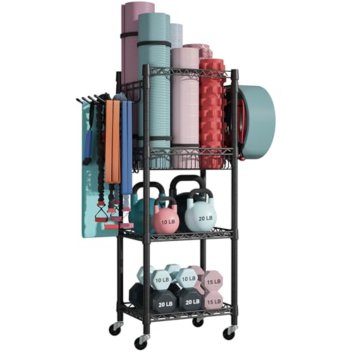 FUTASSI S1 Home Gym Storage, 3-Tier Workout Equipment Organizer with Wheels for Yoga Mats, Foam Roller, Dumbbells, Kettlebells, and Resistance Bands, 47.2' H x 27.1' L x 11.8' D, Black