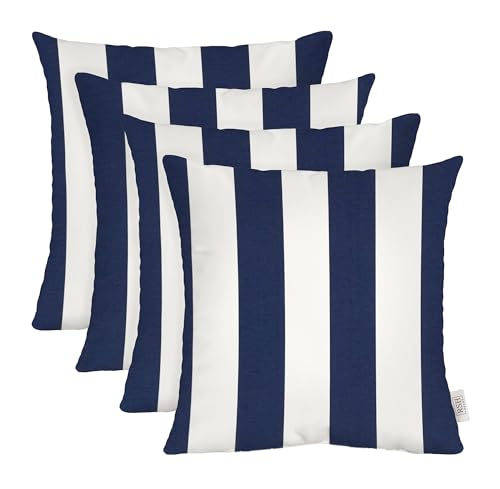 RSH DECOR: Square Throw Pillows Set of 4 | 17â€ x 17â€ | All-Weather Spun Fabric | Water and Fade-Resistant | Outdoor Accent Pillows for Patio Furniture | Navy Blue & White Stripe - Made in USA