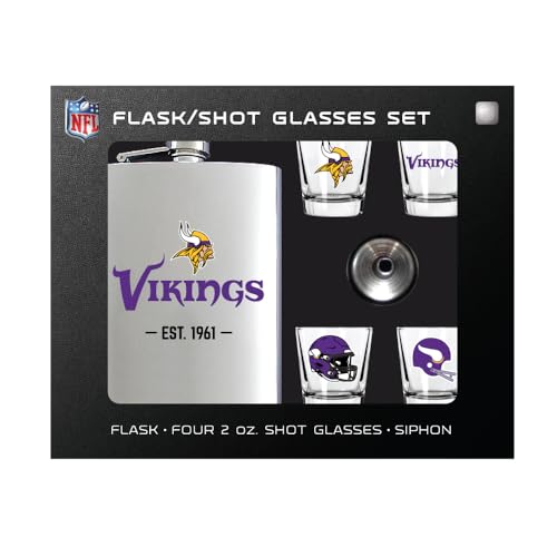 DENCO NFL Minnesota Vikings Flask and Shot Glass Gift Set, Silver Stainless Steel, 8oz Flask with Four 2oz Glasses, Team Logo Design