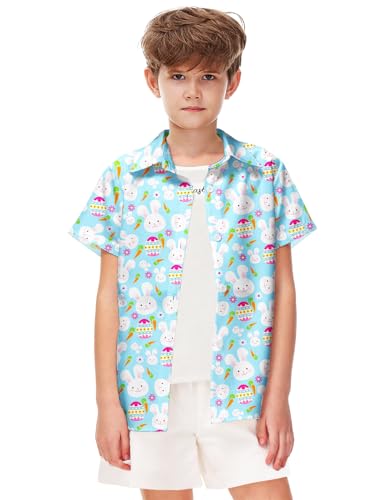 Image of Remimi Unisex Kids 4th of July Button Up Shirt Boys American Flag Print Hawaiian Beach Short Sleeve Tops 5-14 Years