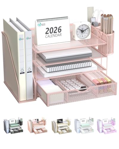 WALI Desk File Organizer, 4 Tier Desktop Paper Letter Tray Organizer with Drawer and 2 Pen Holders, Office Desk Accessories & Workspace Organizers for Office, Home Supplies(DO005DH-P), 1 Pack, Pink
