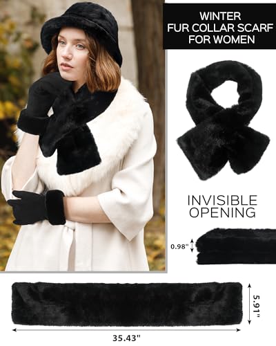 Chuarry 3 Pcs Winter Warm Fleece Hat Scarf and Gloves Set for Women Black Furry Bucket Hat Fur Collar Scarf Touchscreen Gloves Fluffy Warm Winter Gift for Women Outdoors4