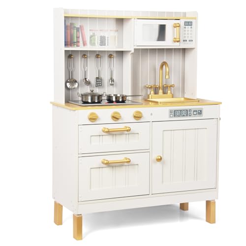 WOODENFUN Wooden Children's Kitchen, Children's Play Kitchen with Sink and Oven, Corner Kitchen Gift for Children from the Age of Three (White and Gold)