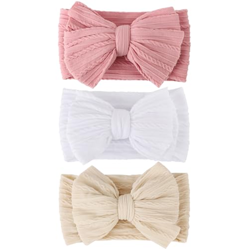 Image of AQOKKA 3 Pcs Handmade Baby Girls Bows Headbands Soft Stretchy Nylon Hair Bands with Bows for Newborn Infant Toddlers Hair Accessories, 3 Pcs: White/Beige/Pink